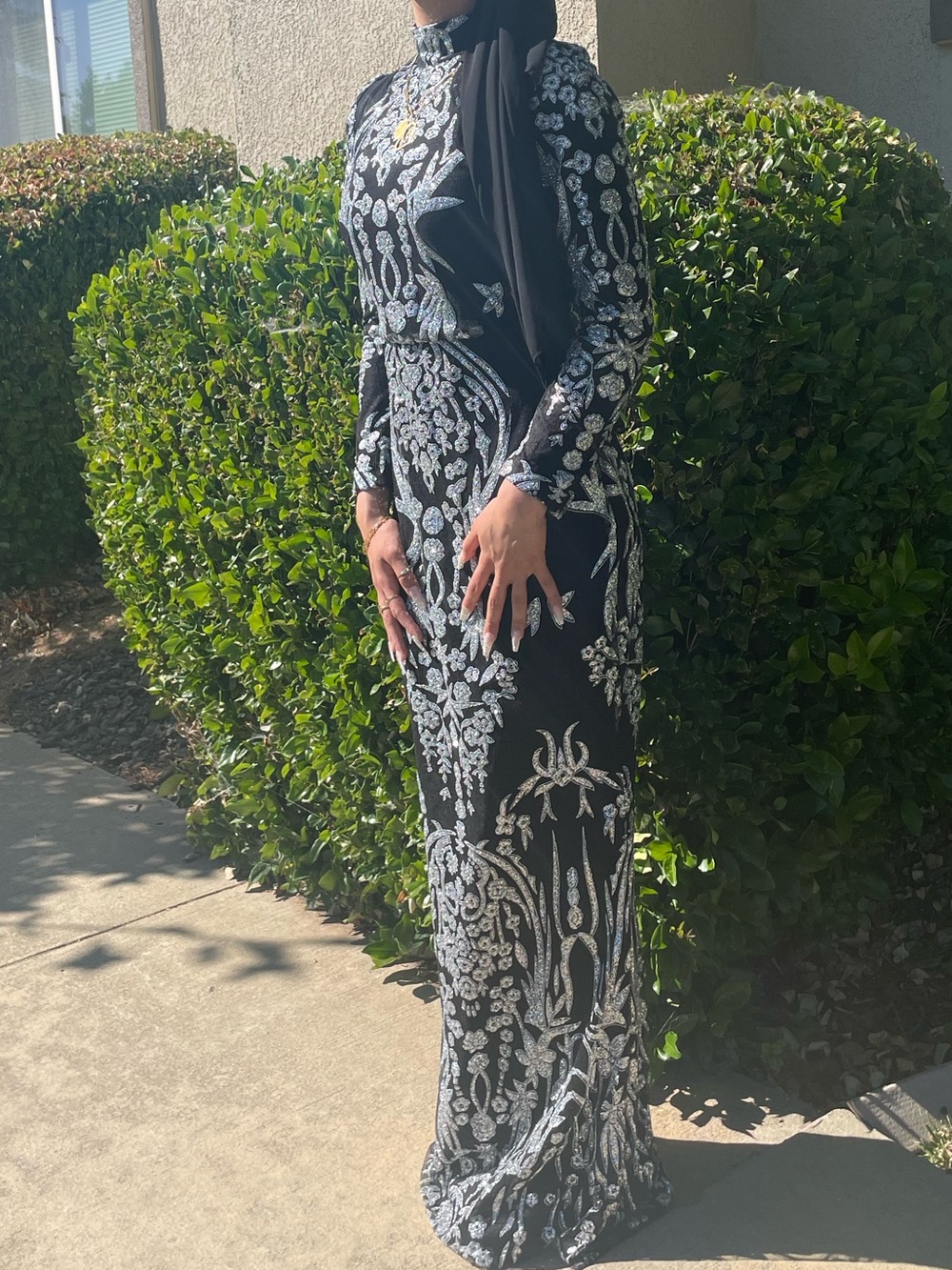Embellished Black Long-Sleeve Evening Gown